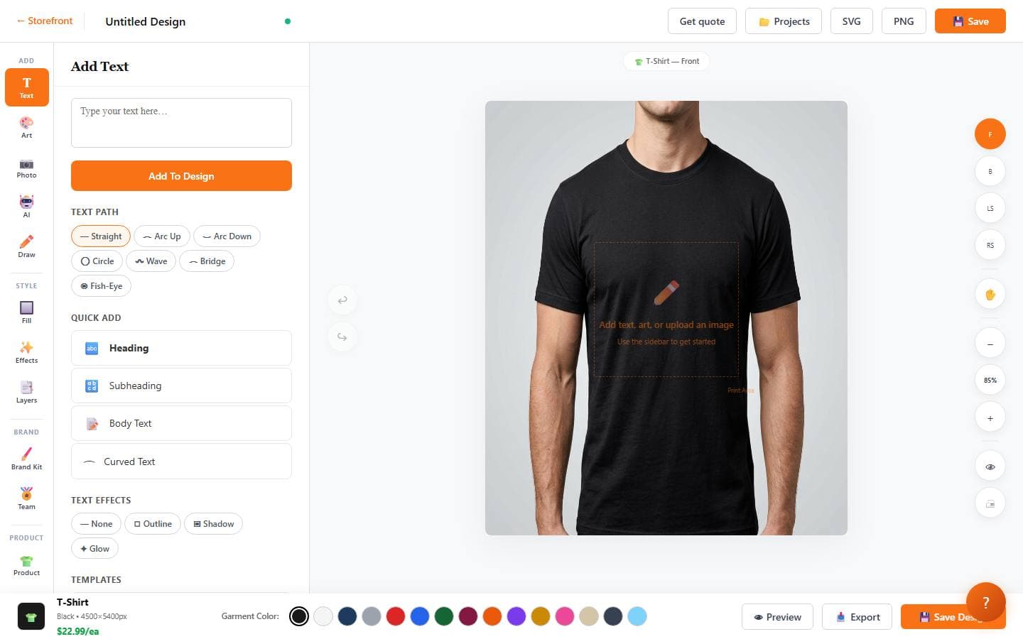 PrintMind Design Lab — the in-browser design editor with a t-shirt canvas, text-path and effects tools